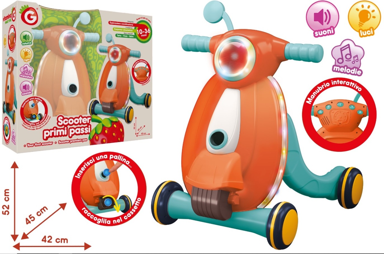 Antepremergator pentru bebelusi, Globo Vitamina G, sub forma unui scooter, insotit de sunete, lumini si melodii, si aruncator de bile, 52 cm