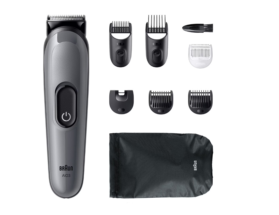 Aparat de tuns multifunctional Braun All-in-One Seria 3 AIO3540, 8-in-1, Lama ultra ascutita, 6 Piepteni, 1 Perie de curatare, 1 Saculet, 14 Setari