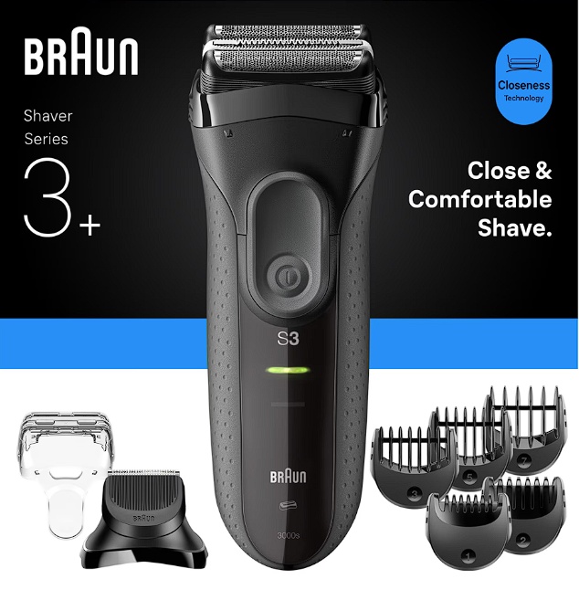 Aparat electric de ras Braun Series 3+ 3000BT, 3 Lame Flexibile, Microcomb pentru eficienta, Accesoriu de tuns barba, +5 piepteni, Utilizare