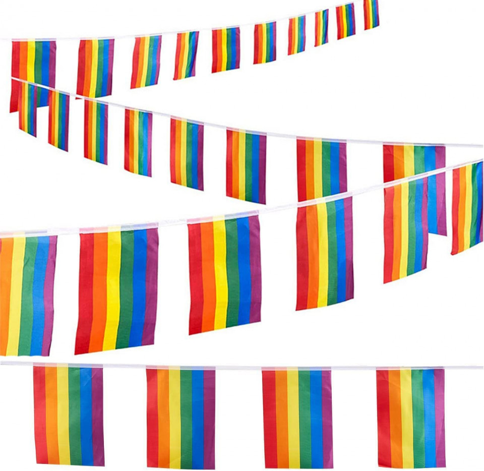 Banner cu 30 de steaguri curcubeu Hollylife, nailon/poliester, multicolor, 10 m / 14 x 21 cm Accesorii imagine noua