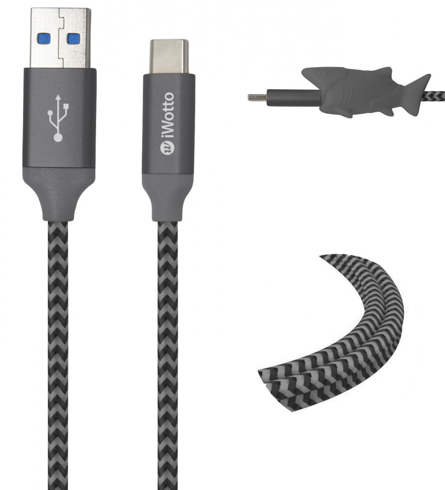 Cablu de incarcare USB Tipe C Iwotto, nailon, gri/negru, 1 m