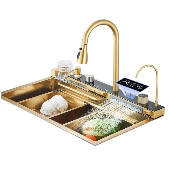 Chiuveta multifunctionala din otel inoxidabil cu accesorii incluse, 2 baterii incluse, culoare auriu, dimensiune 750x460mm