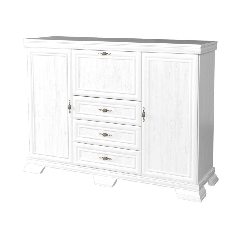 Comoda living VM6P, o usa rabatabila pentru bar, 2 usi fixe, 3 sertare, insertii MDF, 158 x 46 x 117 cm, Alb antichizat