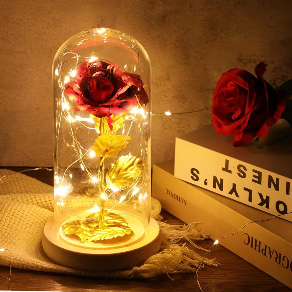 Cupola cu trandafir ADAZ, LED, plastic/lemn/sticla, natur/auriu/rosu, 21 x 11 x 9 cm ADAZ
