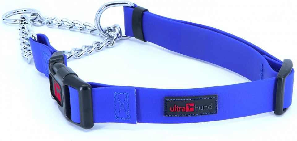 Curea reglabila cu eliberare rapida si lant cromat pentru caine Ultrahund, polimeri/plastic/metal, albastru, 30-40 cm 30-40
