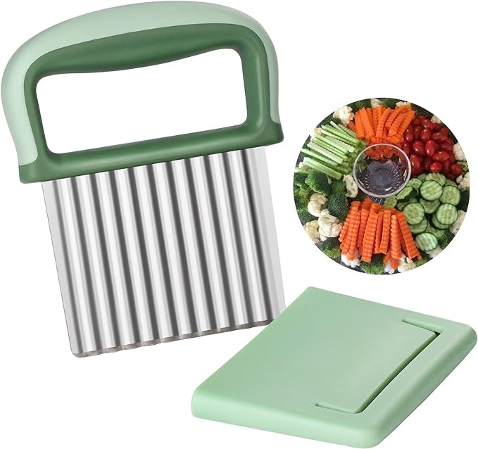 Cutit ondulat pentru fructe/legume Eyerayo ,verde/argintiu, otel inoxidabil/plastic, 13,5 x 9 cm