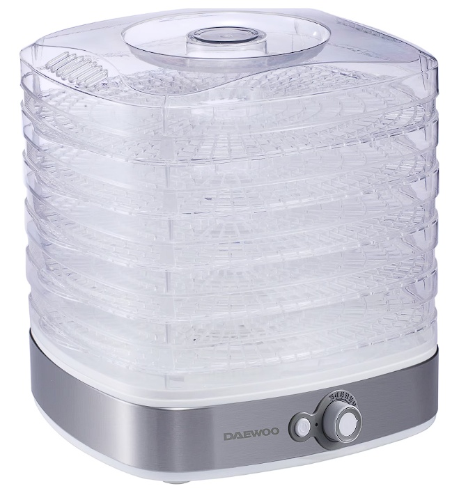 Deshidrator de alimente Daewoo DD450W, 400 W, 5 tavi, temperatura reglabila 35-70°C, ventilator integrat, inox, Resigilat, Grad A