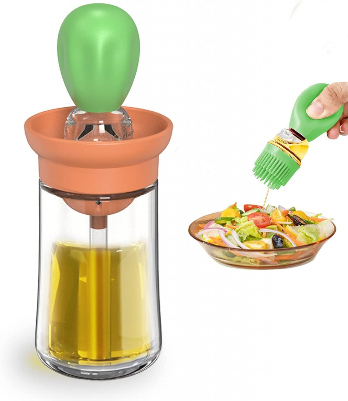 Dozator ulei cu pensula WeoTca, sticla/silicon, transparent/verde/roz, 180 ml