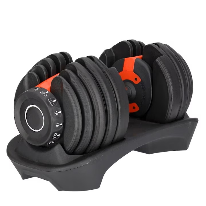 Gantera ajustabila, 15 setari de greutate, POWRX, maner antiderapant, pentru incepatori si intermediari, lungime 43 cm, 2.3 - 24 kg, Resigilat, Grad A