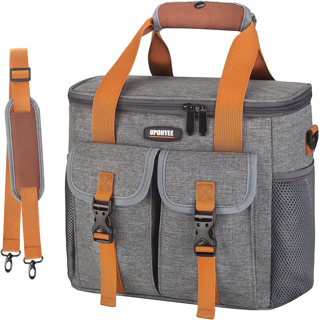 Geanta termica pentru pranz UPOHYEE, tesatura oxford, gri/maro, 15 L, 25 x 27 x 19 cm