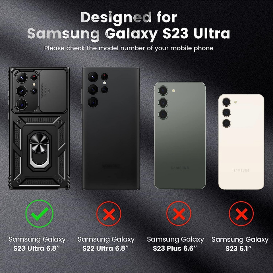 Poze Husa de protectie cu inel compatibil cu Samsung Galaxy S23 ULTRA HWeggo, policarbonat/poliuretan, negru 6,8 inchi