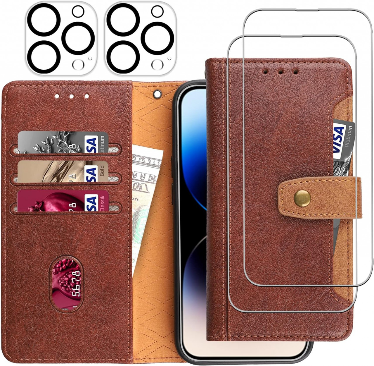 Husa de protectie pentru iPhone 14 Pro Max Gimane, piele, maro, 6.7 inchi