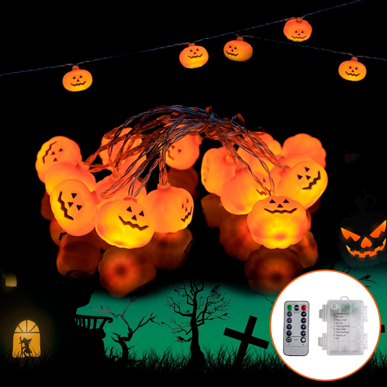 Instalatie pentru Halloween Fivelake, 20 led-uri, 8 moduri de iluminare, telecomanda, 3,1 m