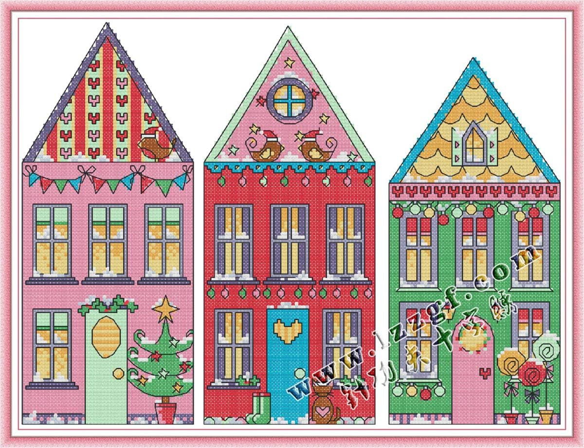 Kit complet de broderie pentru incepatori KAMIERFA, model Sat de Craciun, textil, multicolor, 36 x 45 cm