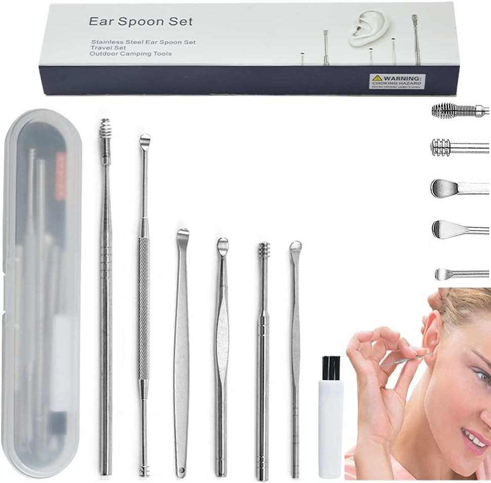Kit de indepartare a cerumenului Fyaccd, otel inoxidabil/plastic, argintiu, 7 piese