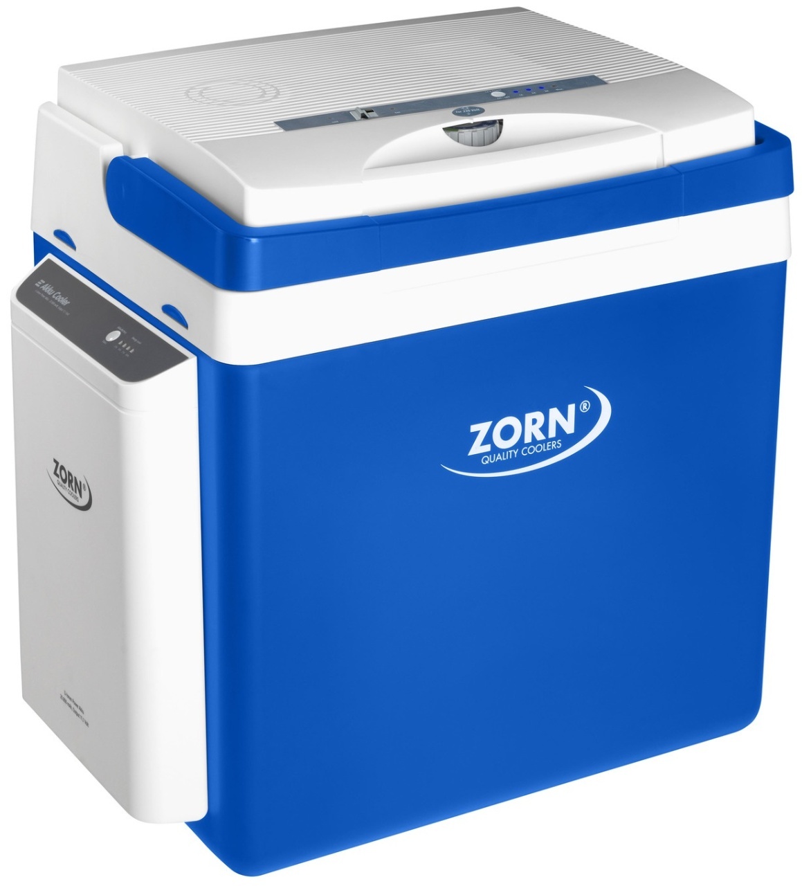 Lada frigorifica auto si camping ZORN Z 26 LNE, 25 litri, alimentare 12V/230V + acumulator extern Li-ion 7.8 Ah, racire-incalzire, alb-albastru