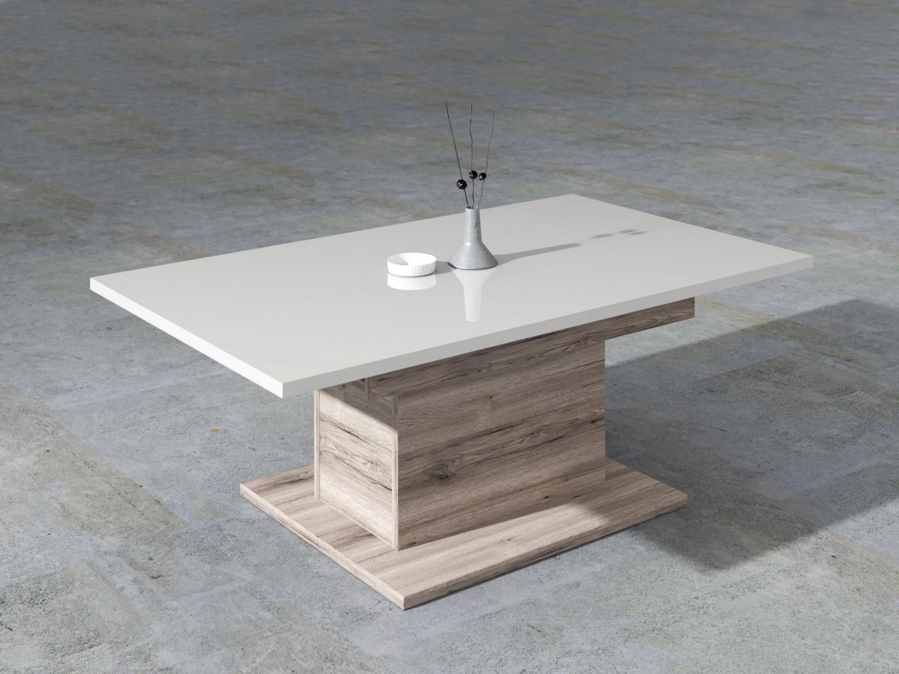 Masuta de cafea Forte, Spatiu de depozitare, alb-lucios-stejar, 120 cm latime