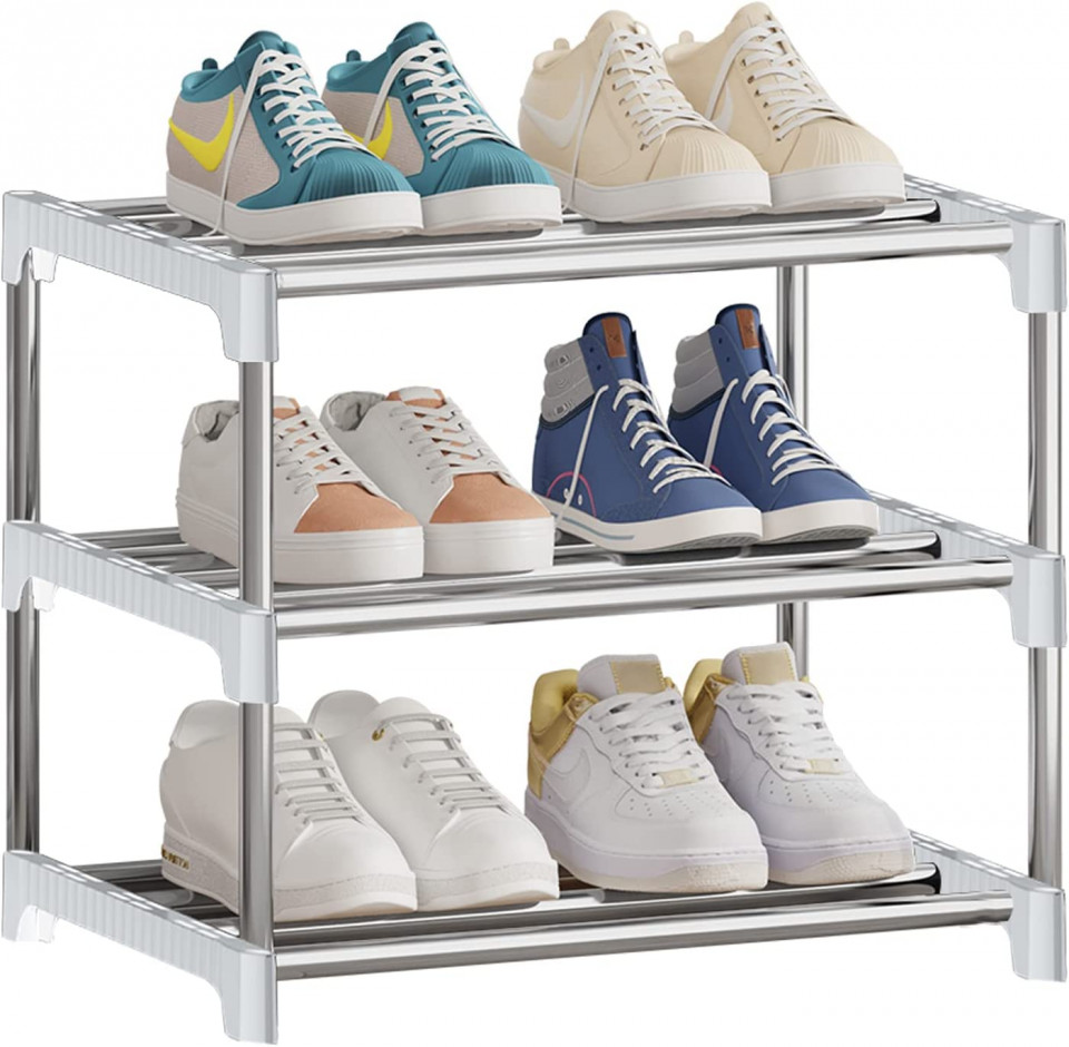 Pantofar cu 3 nivele NIAWECAN, aliaj de otel / plastic, alb/argintiu, 42 x 25 x 38 cm cm Comode, dulapuri & cuiere 2023-09-25