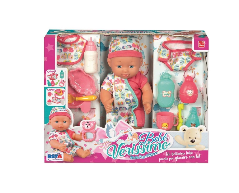 Papusa bebelusi cu salopeta si caciula multicolora, 30 cm, scutec si bavetica, accesorii mancare incluse, jucarie zornaitoare si alte accesorii