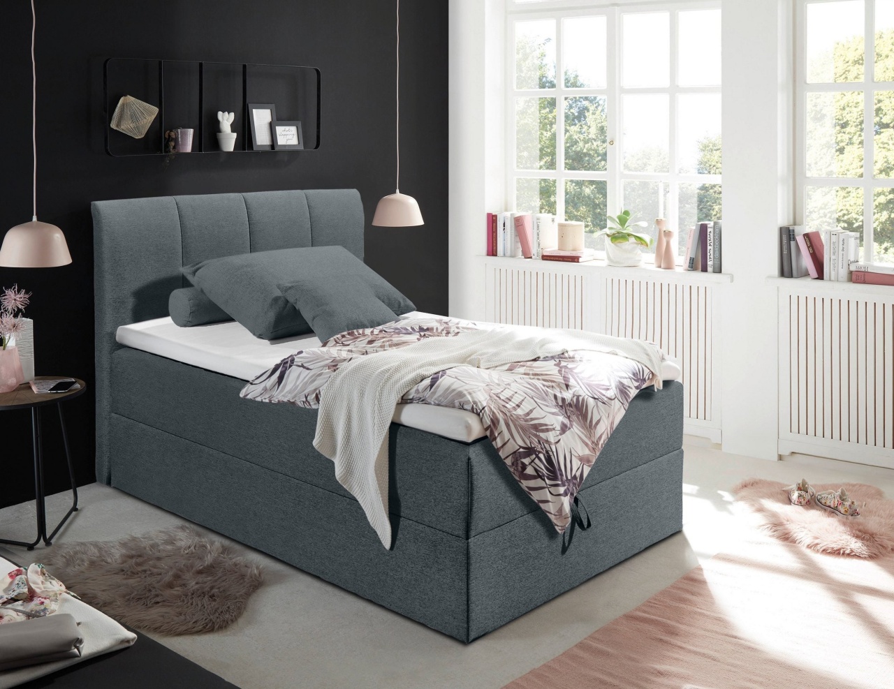 Pat Boxspring Granada cu lada de depozitare, Gri inchis, 120 cm latime