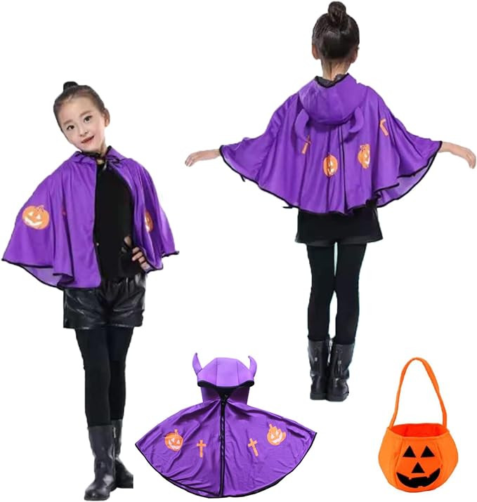 Pelerina de Halloween pentru copii Tuofang, poliester, mov/negru/portocaliu, 48 cm