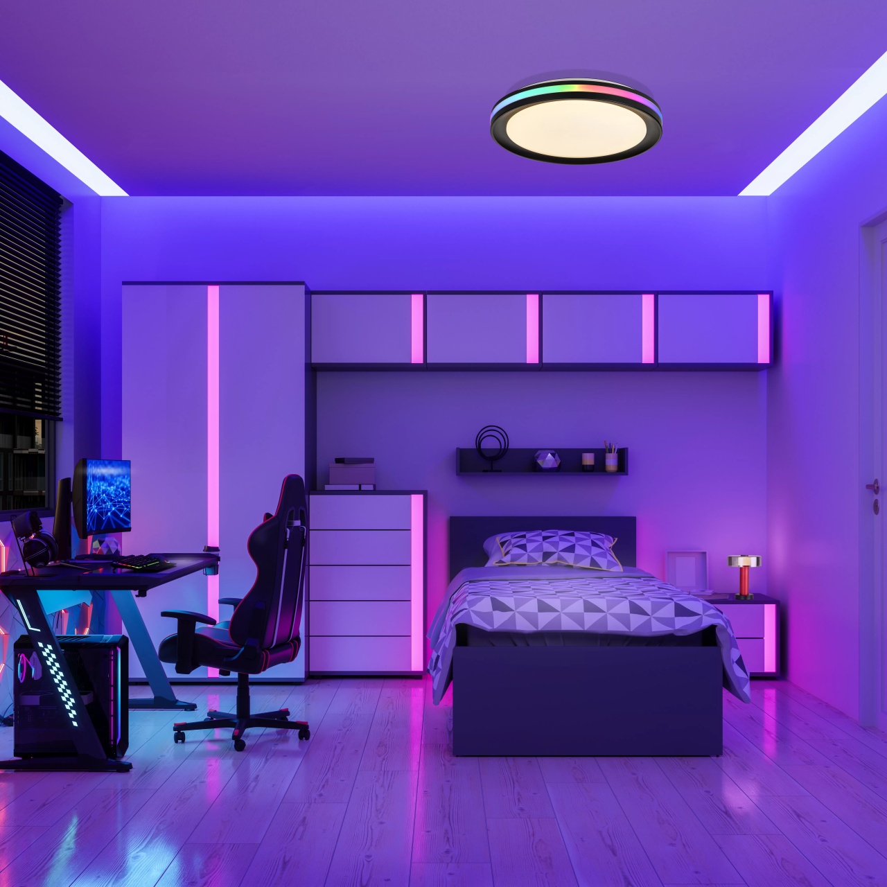 Plafoniera LED Mantra Gamer, 30W, 3000K-6500K, RGB, 2000 lm, D40 cm, negru, dimabil, telecomanda