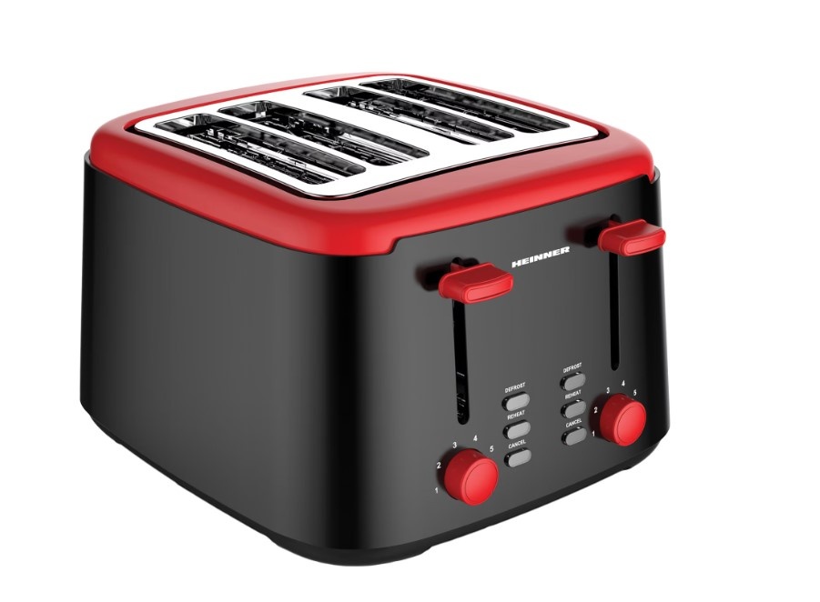Prajitor de paine Heinner Wassay 1450 HTP-1450BKR, 1450W, capacitate 4 felii, 7 niveluri de rumenire, negru/Rosu, RESIGILAT (produs expus in