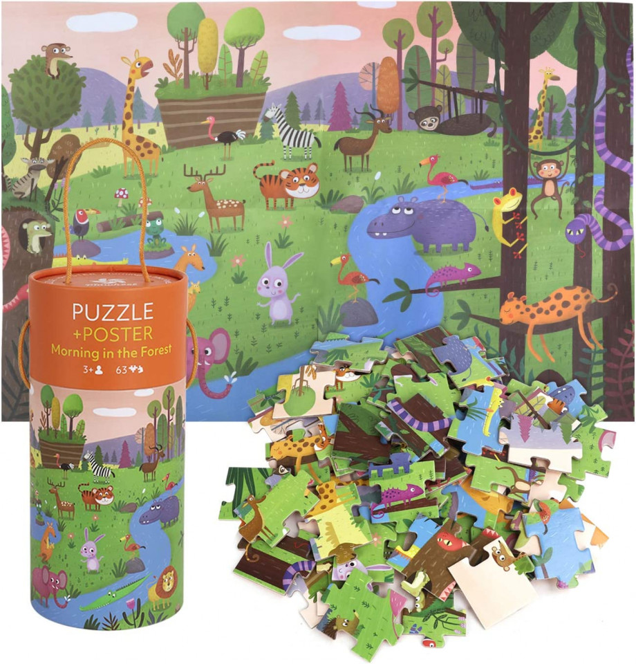 Puzzle cu 63 piese pentru copii OhMill, hartie, animale, multicolor, 48 x 33 cm