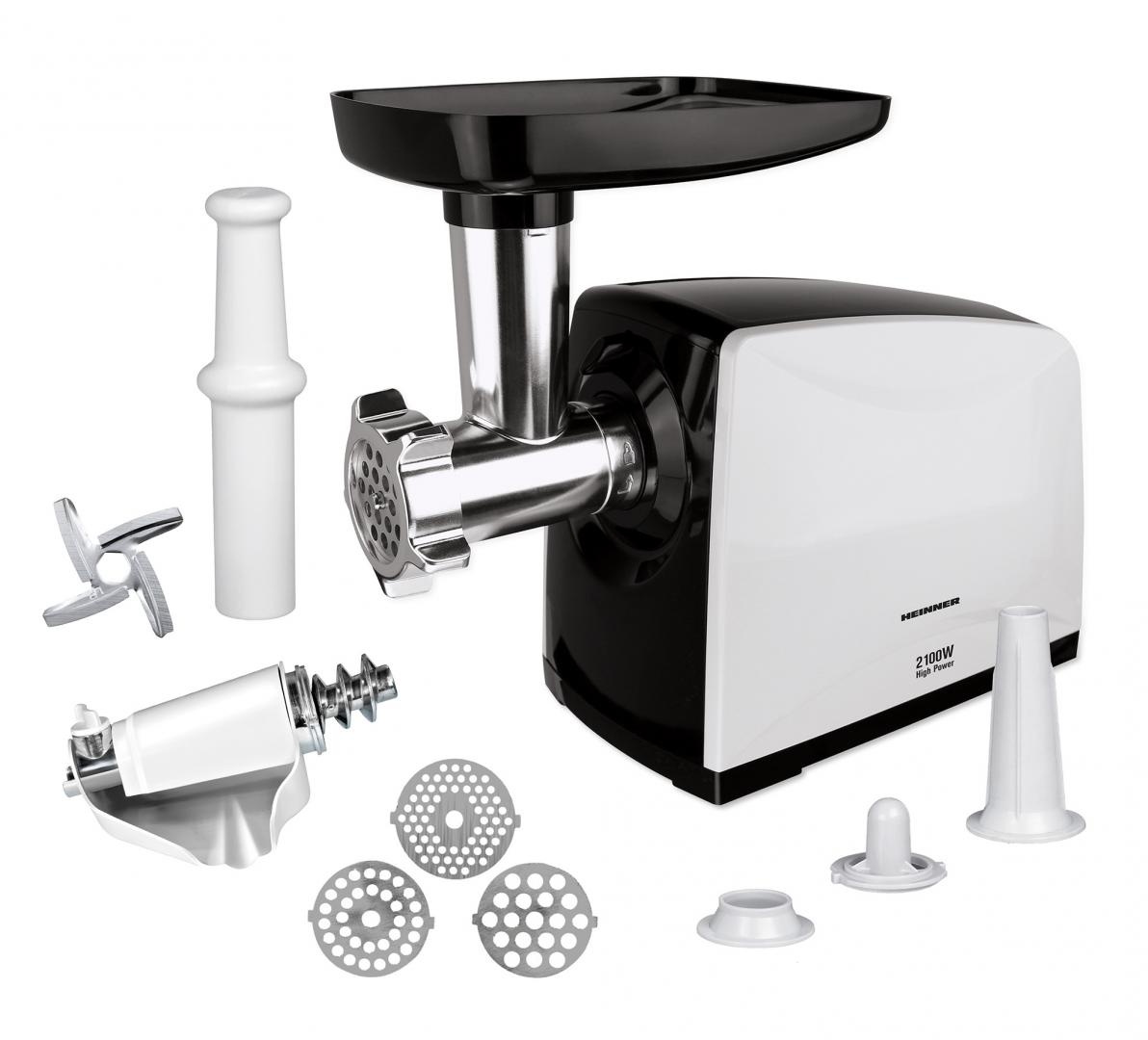 RESIGILAT – MASINA DE TOCAT HEINNER MG-2100BKWH, Putere 2100W, Accesoriu rosii, Cutit Inox, Negru/Alb