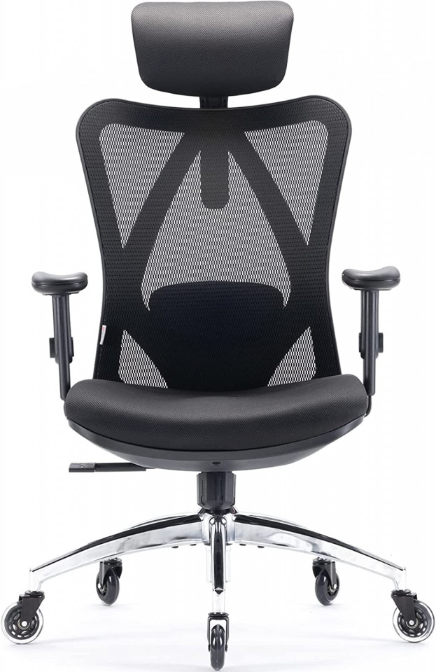 Scaun de birou ergonomic Sihoo, spate inalt, tetiera reglabila, suport lombar, roÈ›i poliuretanice, negru, 72 x 53 x 127 cm