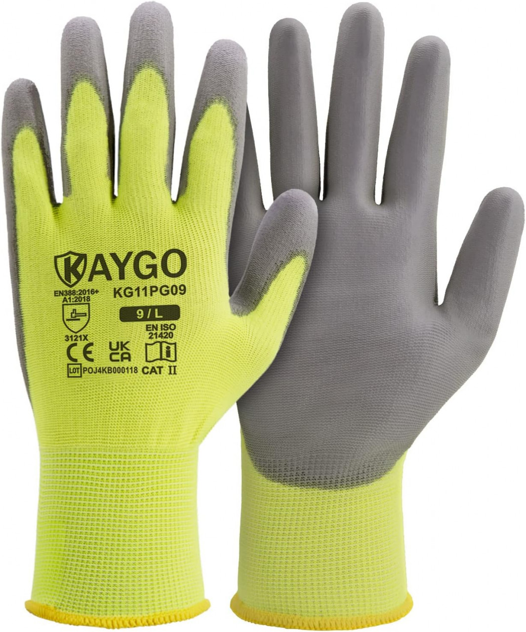 Set 12 perechi manusi de lucru KAYGO, bumbac/poliuretan, gri/verde lime, marimea L