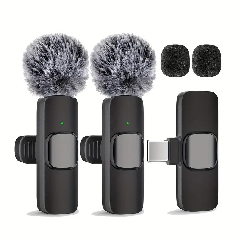 Set 2 microfoane, Sistem de Microfon Fără Fir cu Clip pentru Guler, Captare Omnidirecțională, USB-C, Înregistrare la o Singura Atingere și Baterie