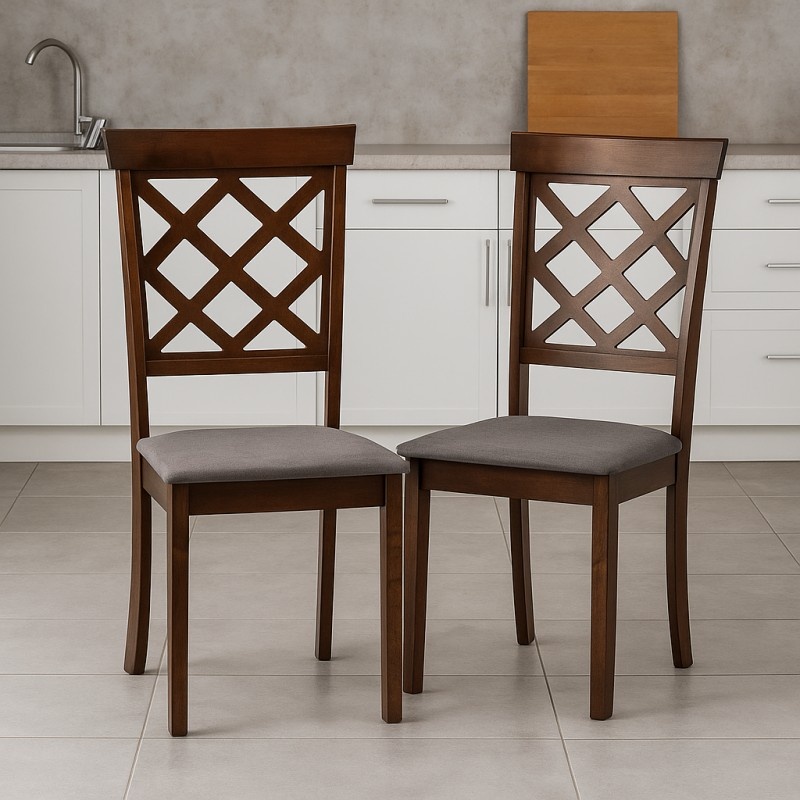 Set 2 scaune dining / bucatarie Drimus Vienna, lemn masiv, tapiterie stofa, sarcina maxima 100 kg, 94x49x40 cm, nuc/maro