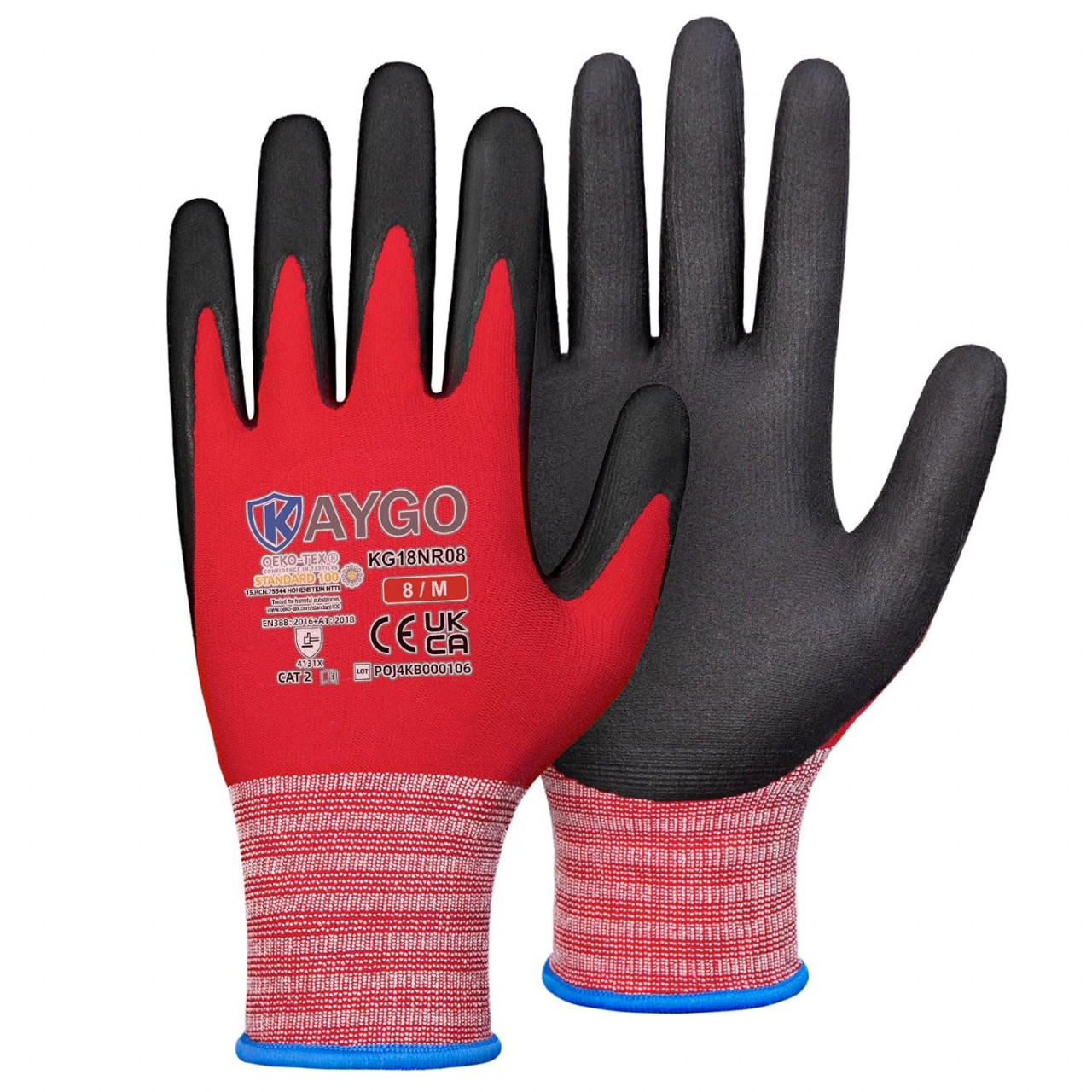 Set 3 perechi manusi de lucru KAYGO, nailon/nitril, negru/rosu, marimea XL/10
