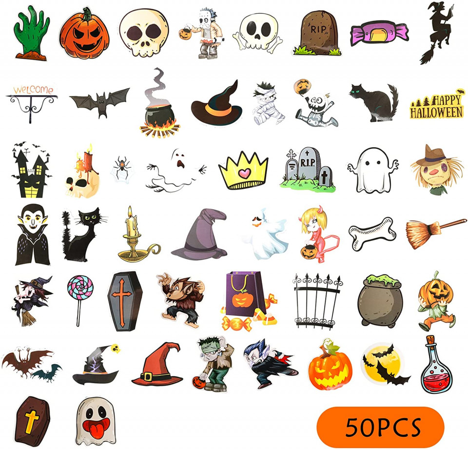 Set 50 stickere de Halloween Gxhong, PVC, multicolor chilipirul-zilei imagine noua