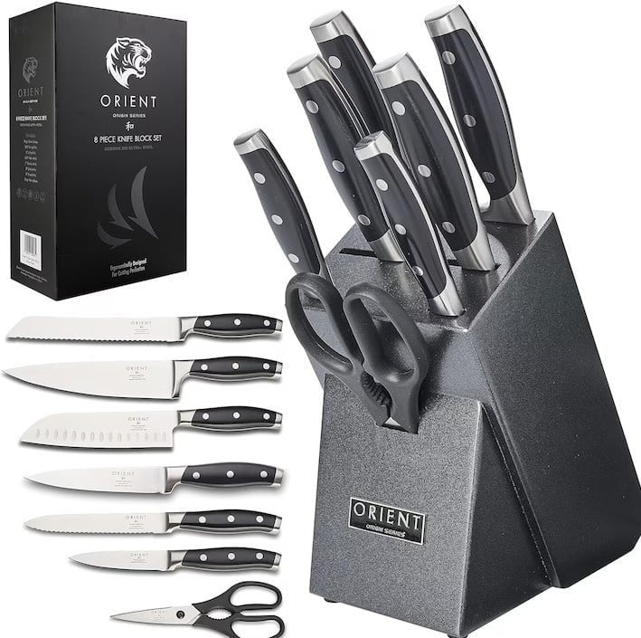 Set 8 piese Cutite pentru bucatarie, Orient, Origin Series, Suport Granit, foarfeca, Premium, Otel Inoxidabil German X50 Ultra+, Negru, Resigilat,