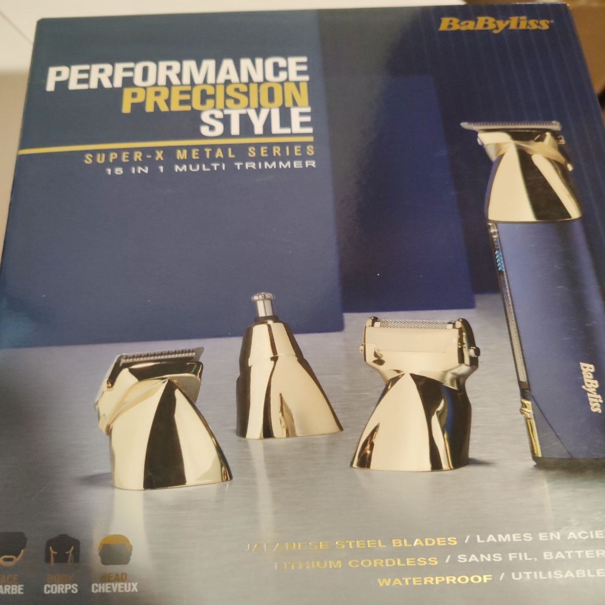 Set aparat de tuns parul si barba Babyliss Super-x Metal Series MT992E, 15 in 1 multi trimmer, auriu/albastru marin, Resigilat, Grad A