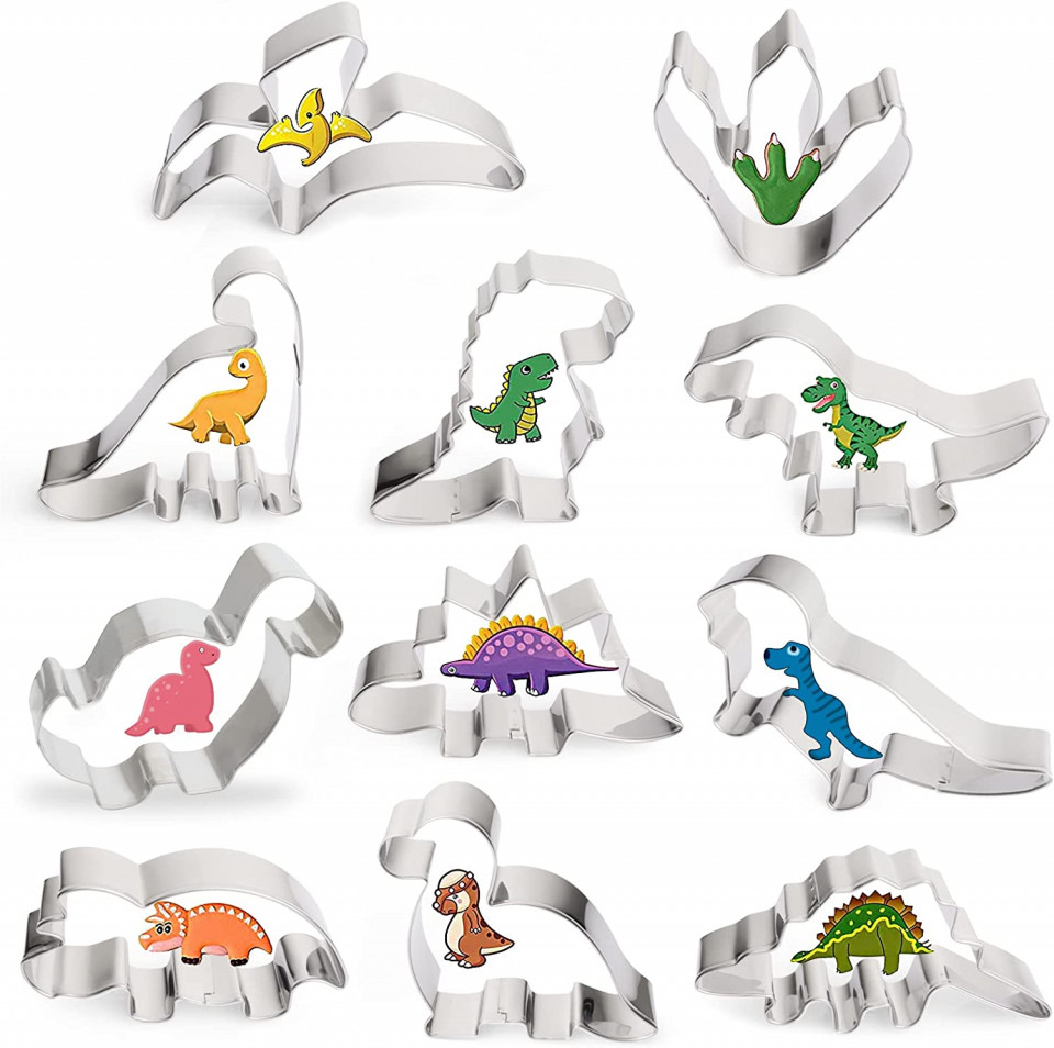 Set de 11 forme de prajituri Sinwind, dinozauri, otel inoxidabil, argintiu