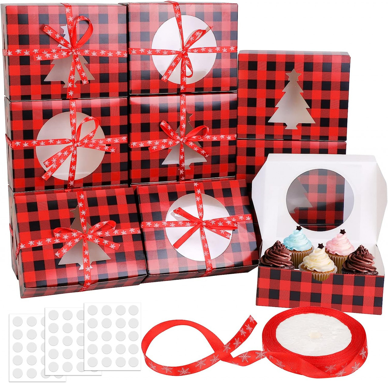 Set de 12 cutii pentru prajituri de Craciun Qpout, hartie/panglica, rosu/negru, 18 x 6 x 14 cm