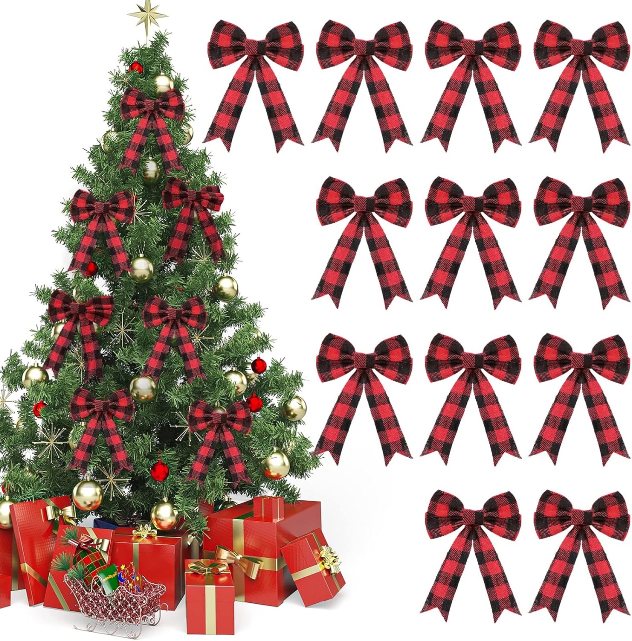 Set de 12 fundite pentru bradul de Craciun K Kumeed, textil, rosu/negru, 17 x 12,5 cm