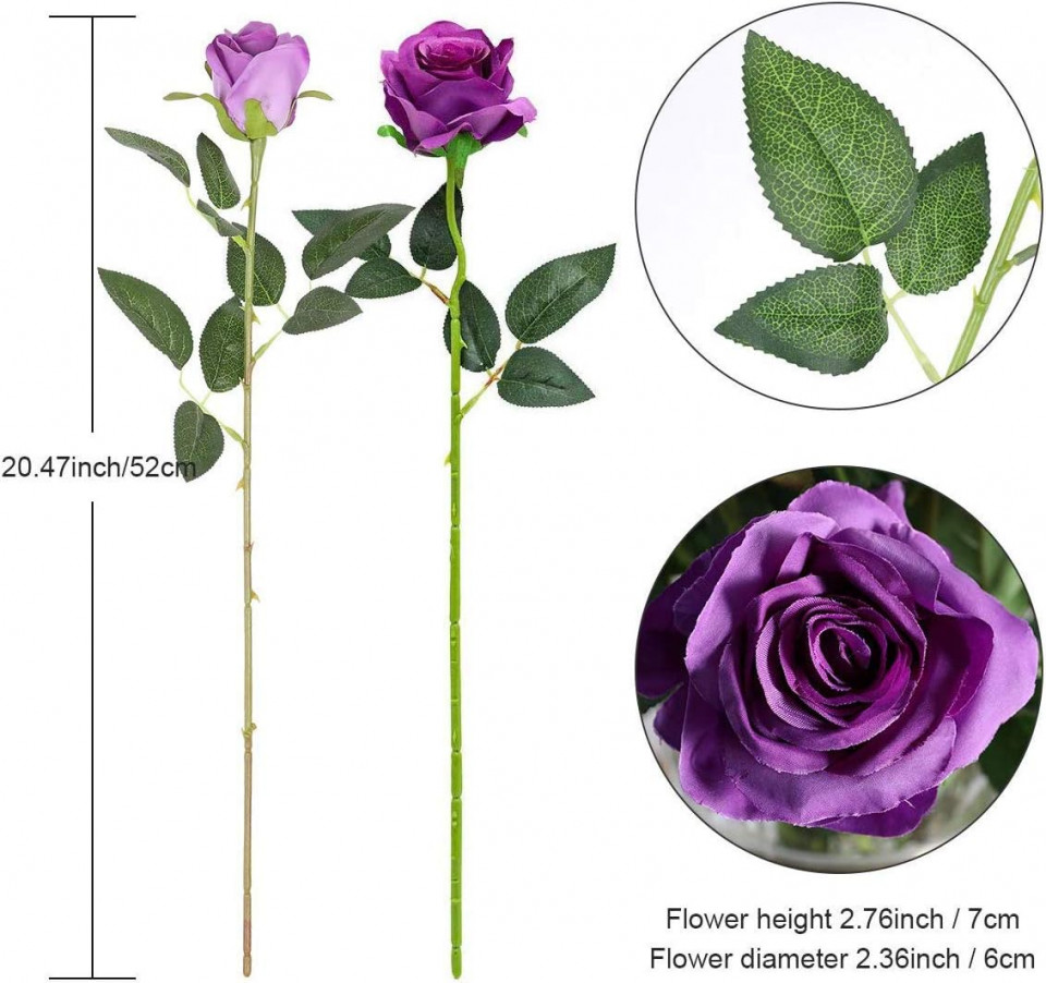 Set de 12 trandafiri artificiali Hawesome, matase/plastic, violet/verde, 52 x 7 cm