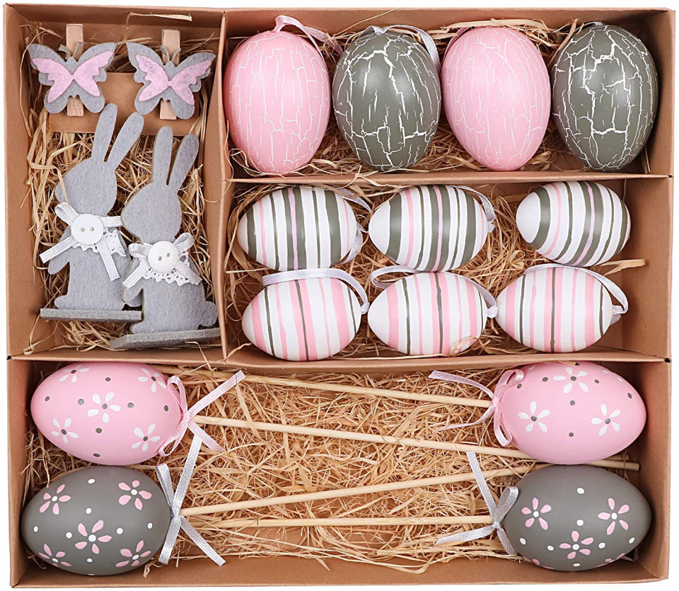 Set de 14 oua cu decoratiuni Valery Madelyn, plastic, gri/alb/roz, 6 cm chilipirul-zilei.ro