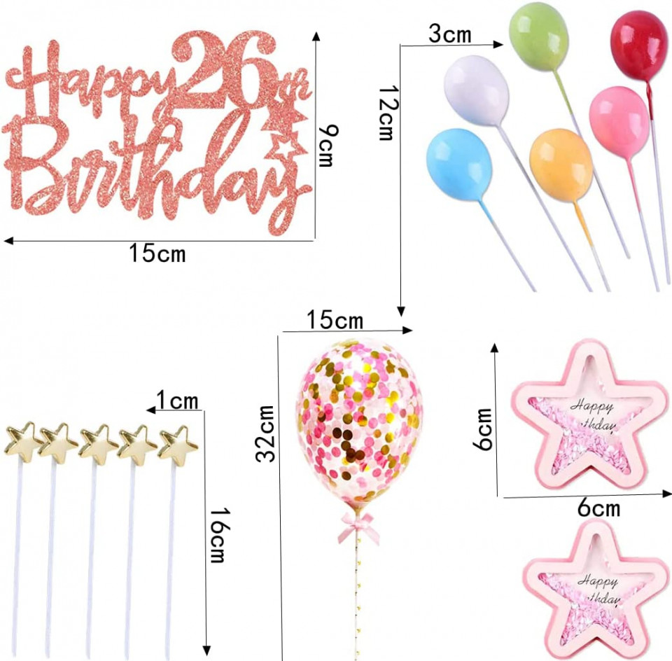 Poze Set de 15 decoratiuni pentru decorare tort 26 de ani Ouceanwin, multicolor, plastic/hartie