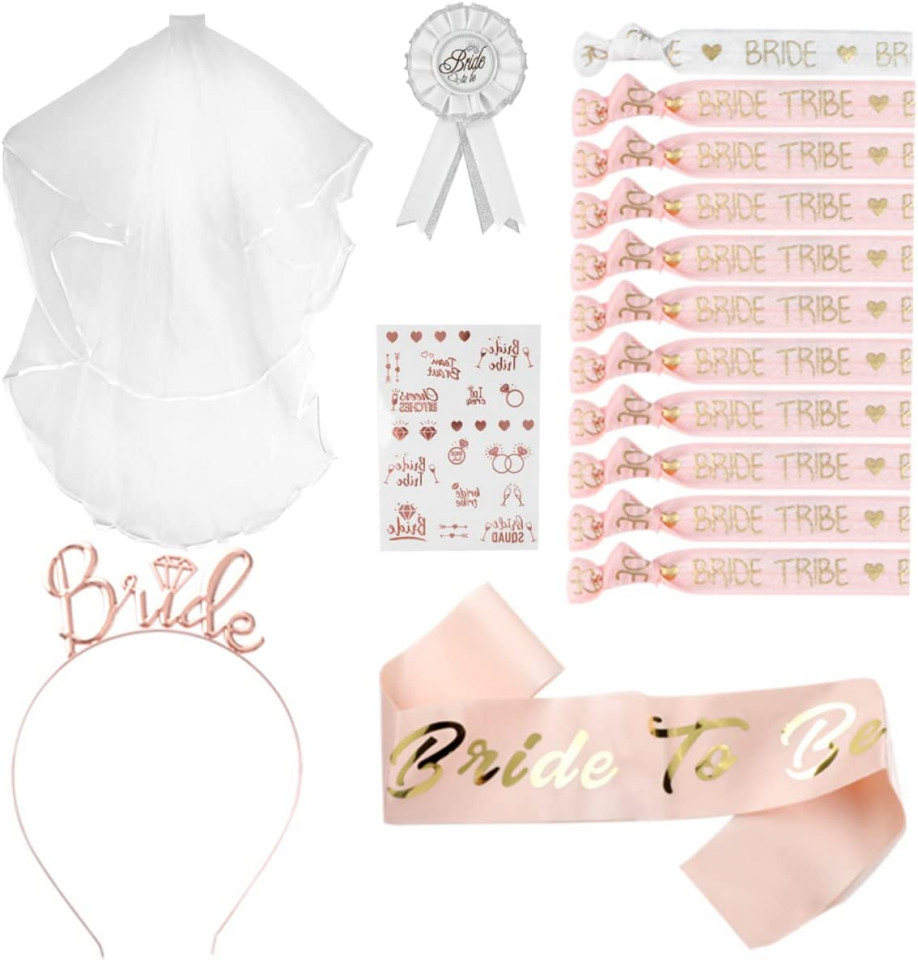 Set de 16 accesorii pentru nunta Soomill, textil, rose/alb/auriu accesorii