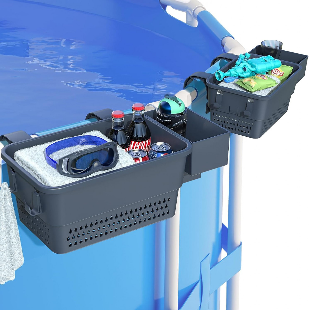 Set de 2 cosuri de depozitare pentru piscina Grarg, plastic, gri, 38,5 x 19,5 cm