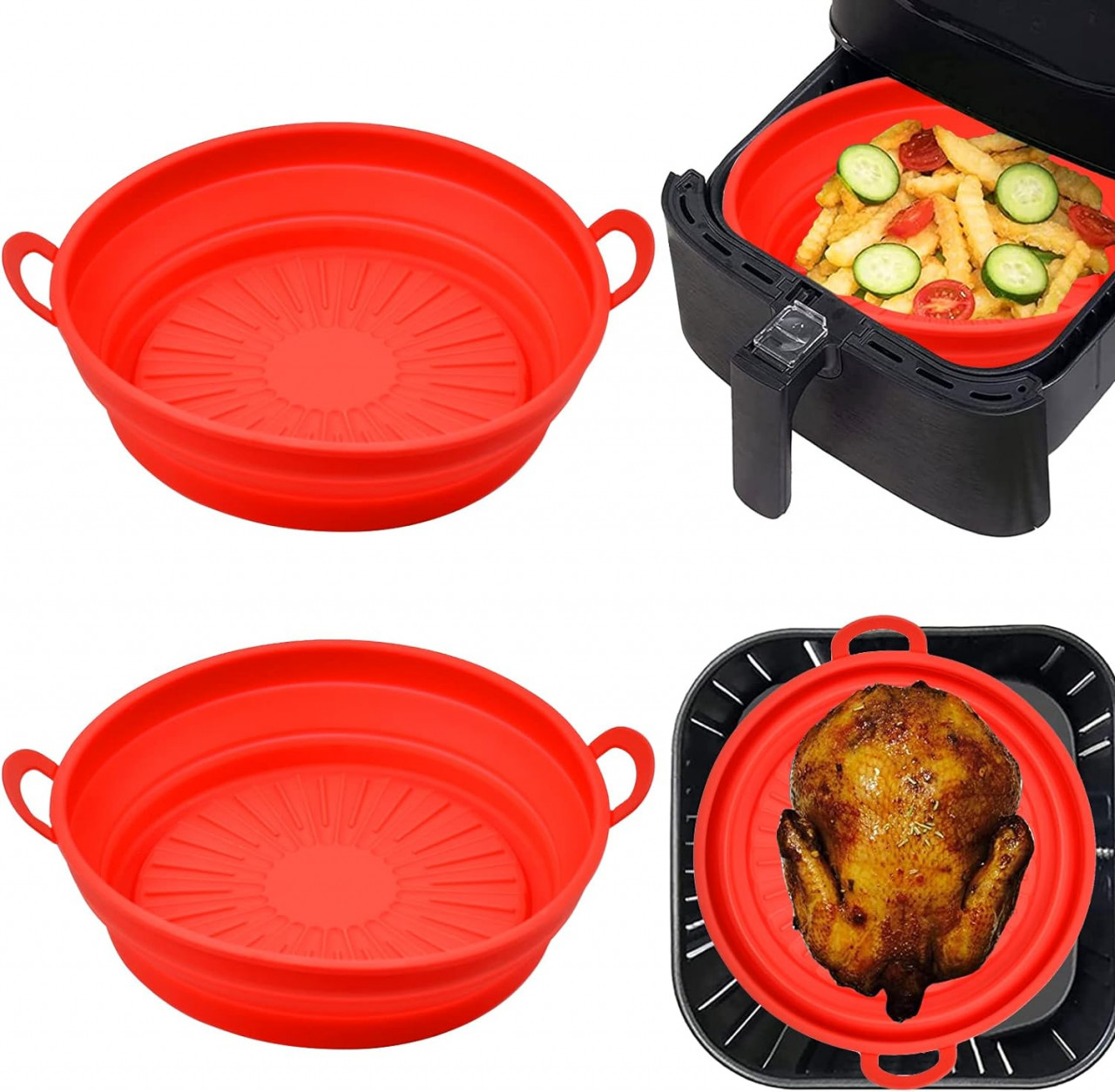 Set de 2 cosuri pentru friteuza cu aer Pipihome, silicon, rosu, 21,5 x 18,5 x 8 cm