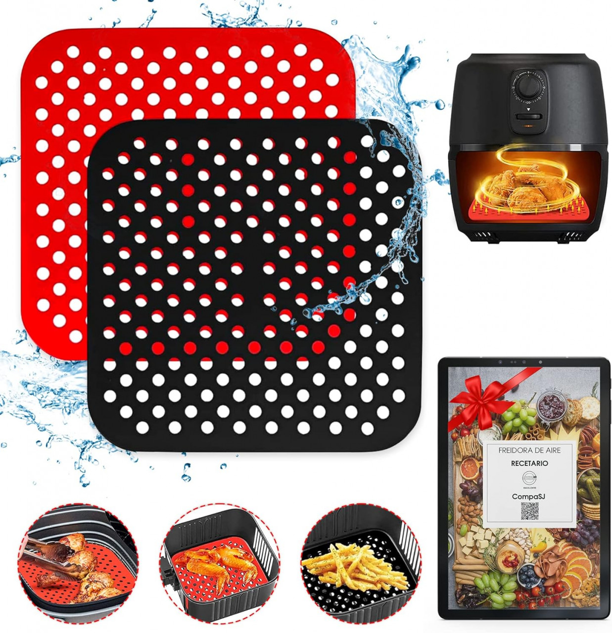 Set de 2 covorase pentru friteuza cu aer CompaSJ, silicon, rosu/negru, 22 x 22 cm