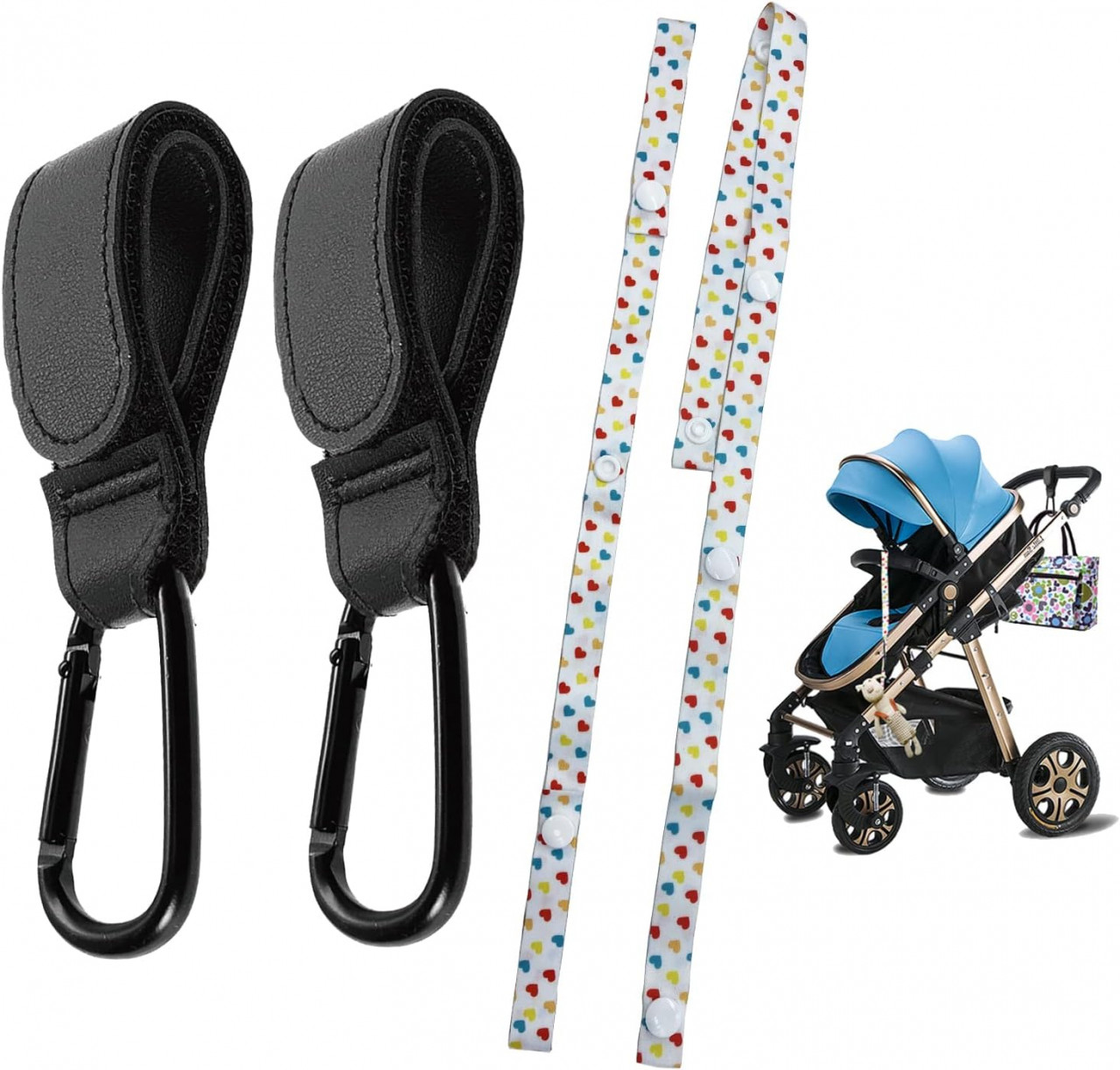 Set de 2 curele pentru caruciorul beeblusului SwirlColor, metal/piele PU, negru, 20 x 3,7 cm