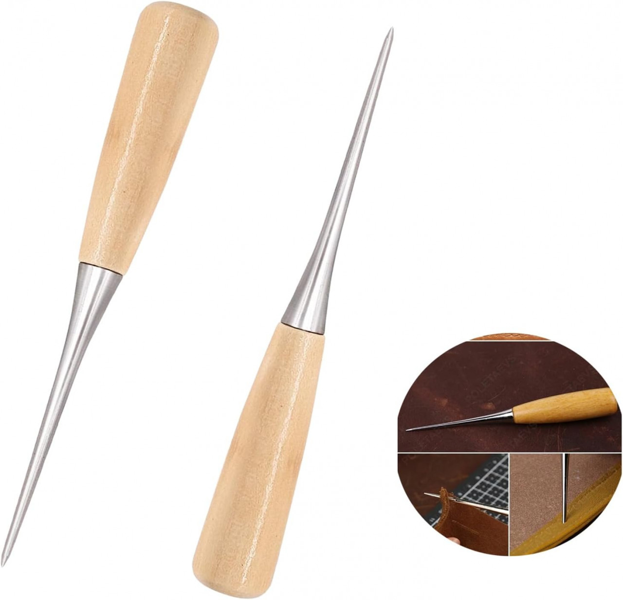 Set de 2 instrumente pe perforare pentru pielarie JLNGTHONG, lemn/metal, natur/argintiu, 12 cm