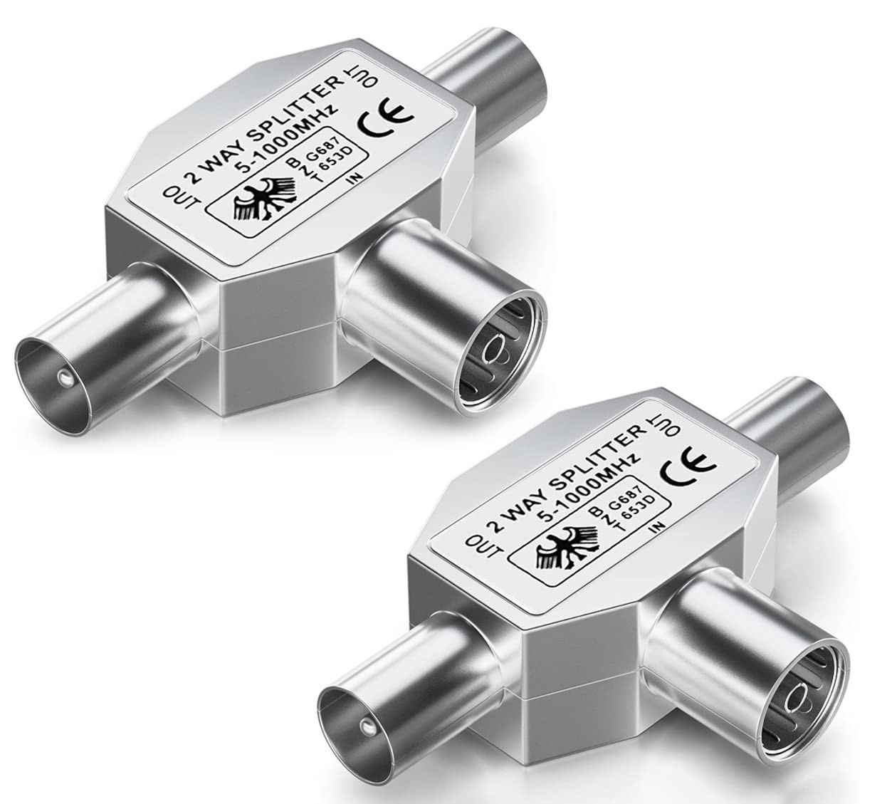 Set de 2 splittere cu 2 cai pentru antena TV Keagar, aliaj de zinc, argintiu, 5,5 x 3,5 x 1,5 cm